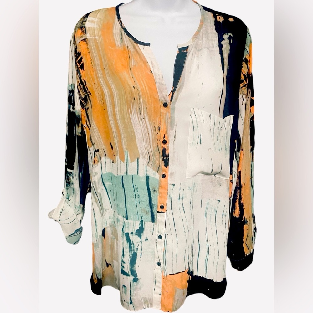 XXL Womens long sleeve blouse w/option to roll up sleeve w/button. Multi-color